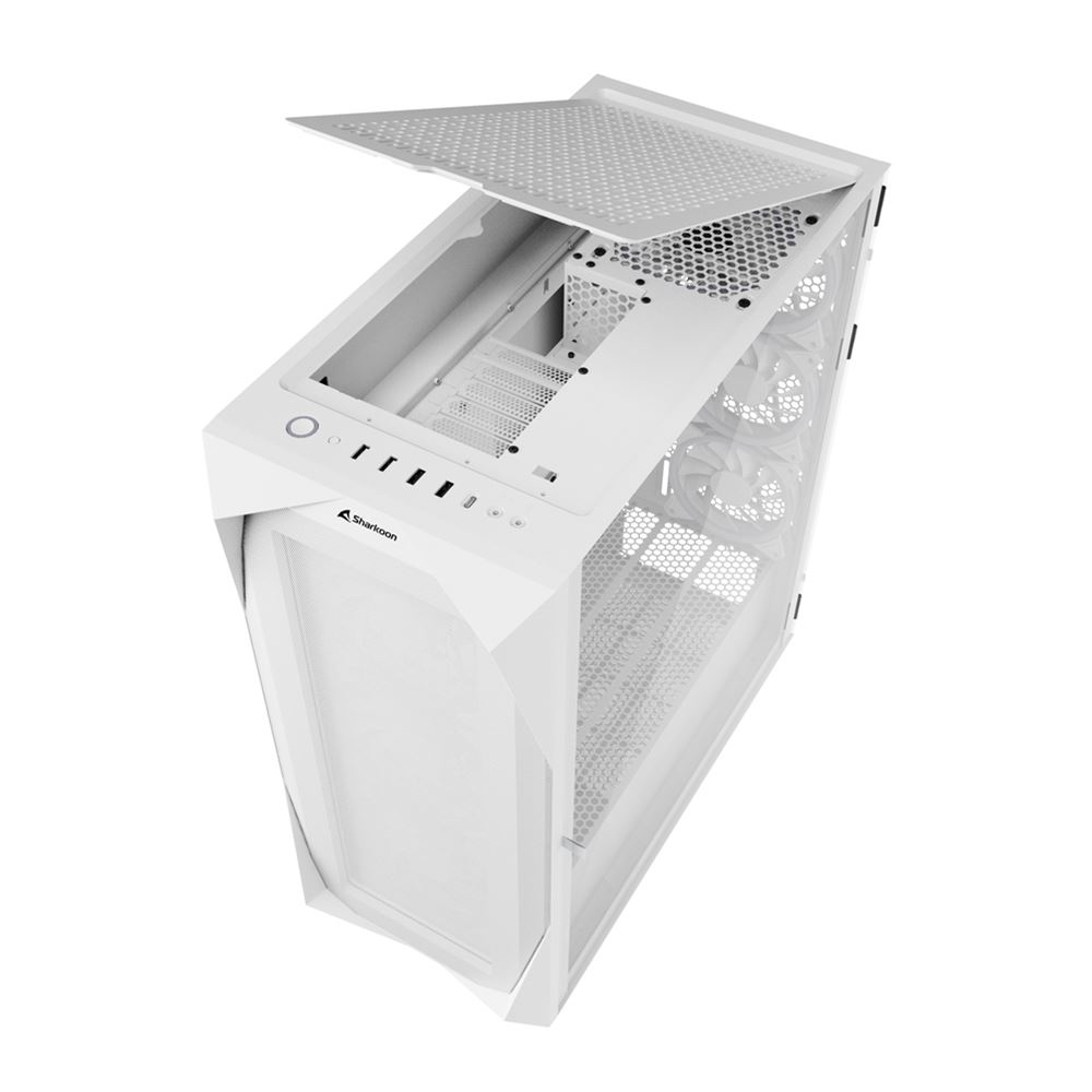 White computer case with a detachable mesh top panel and visible internal fans.