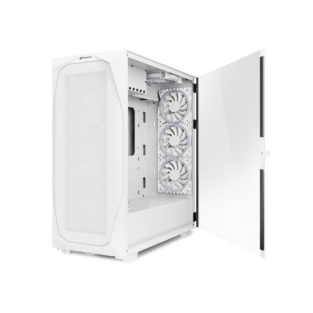 White computer case with a mesh front and open glass side panel, showing four internal cooling fans.