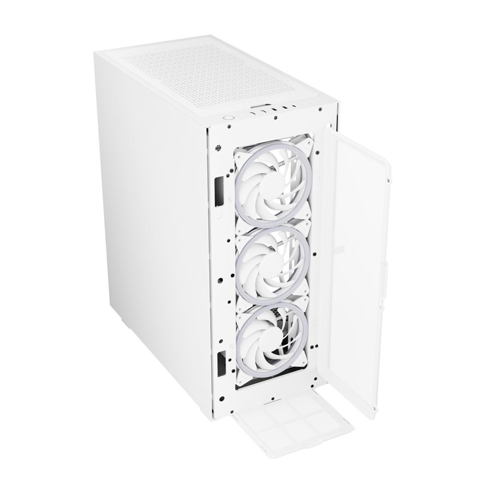 A white computer case with three front fans and an open side glass panel against a white background.