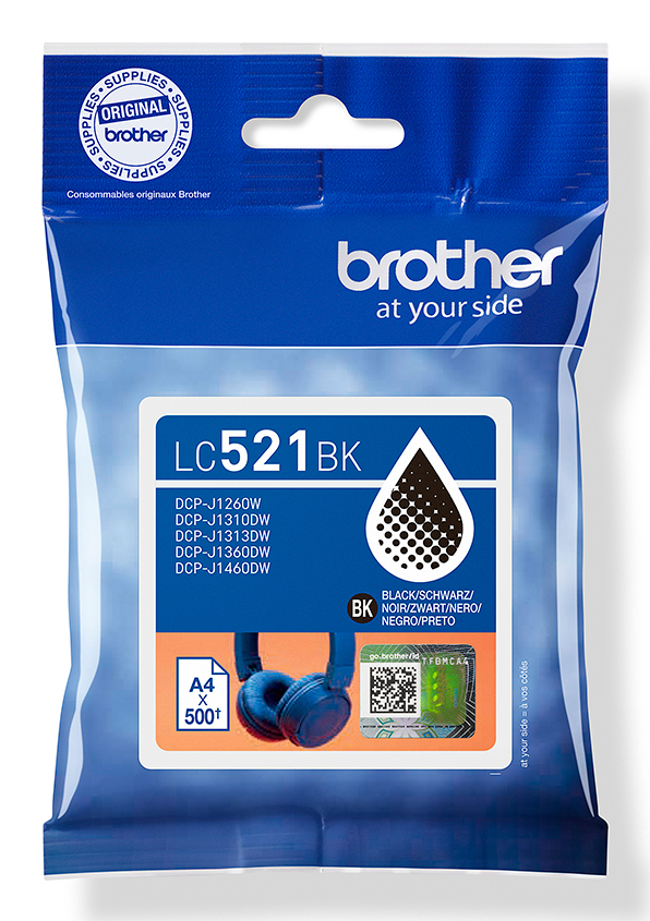 Niebieskie opakowanie tuszu Brother LC521BK z logo Brother u góry.