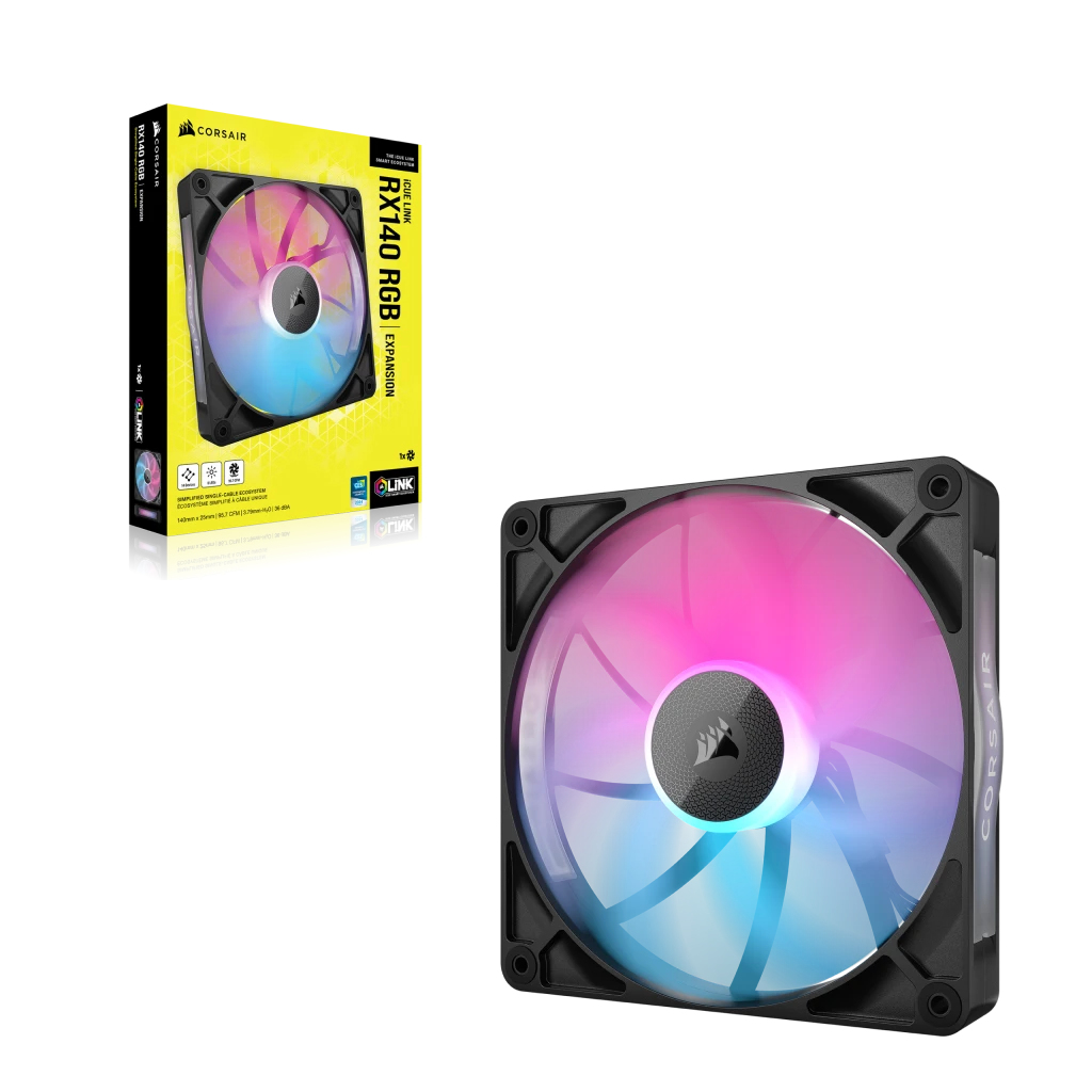 Corsair RX140 RGB Lüfter mit Verpackung und bunten LEDs.
