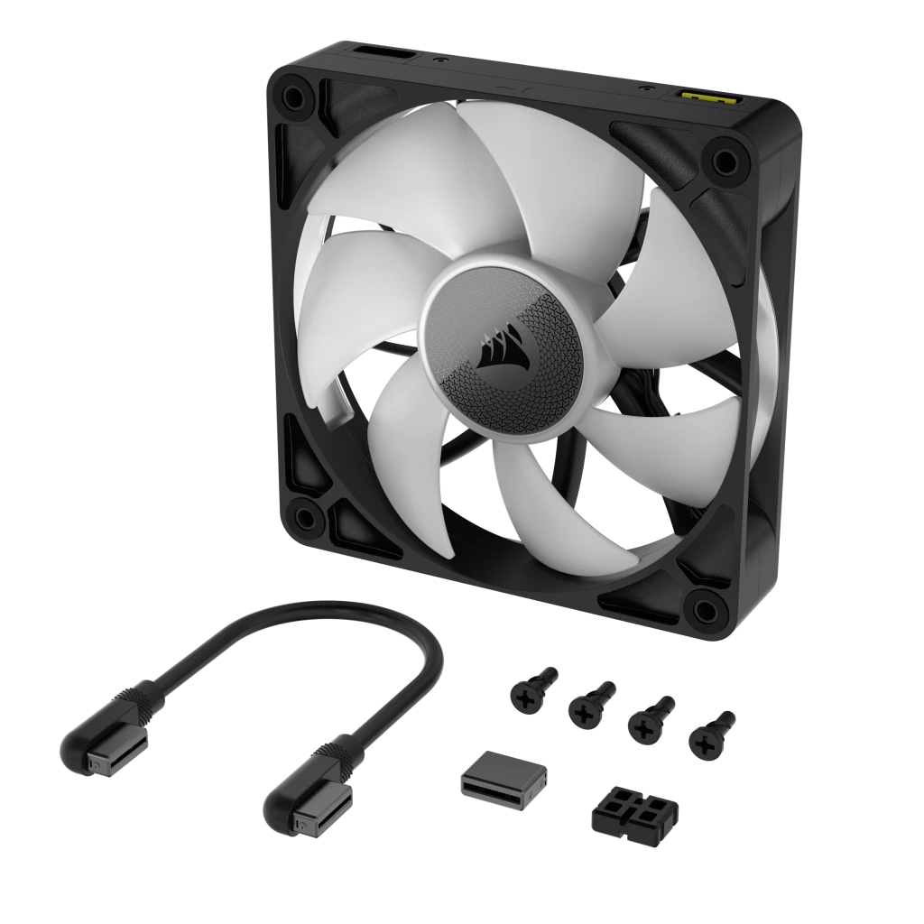 Ein schwarzer Computerventilator mit weißen Blättern, einem Verbindungskabel, vier Schrauben und kleinen Adaptern.