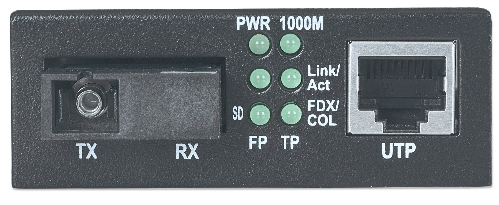 Ein schwarzes Medienkonverter-Panel mit Glasfaseranschluss, Status-LEDs und RJ45-UTP-Netzwerkanschluss.