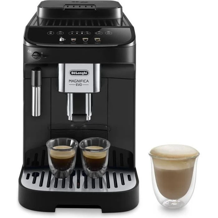 Black De'Longhi Magnifica Evo coffee machine with two espresso glasses and a cup of cappuccino.