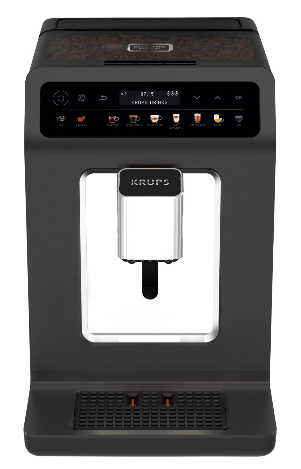 Moderne schwarze Krups Kaffeemaschine mit digitalem Display, Kaffeebohnenbehälter oben und silbernem Auslass.
