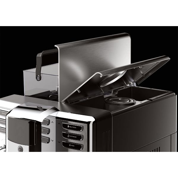 Modern black coffee machine with an open stainless steel lid and control buttons.
