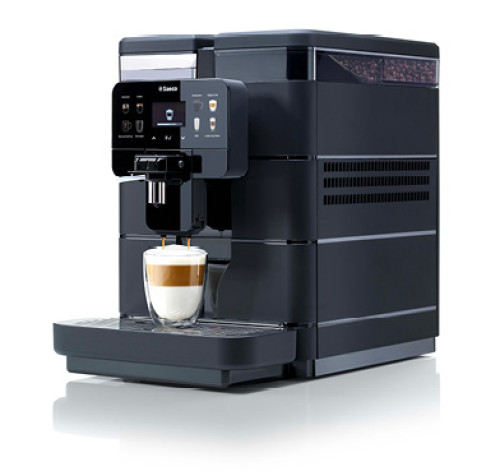 Modern black Saeco coffee machine with a digital display filling a fresh latte macchiato into a glass.