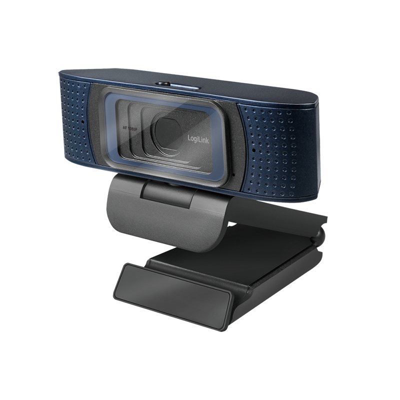 Webcam LogiLink blu con microfono integrato e supporto regolabile su sfondo bianco.