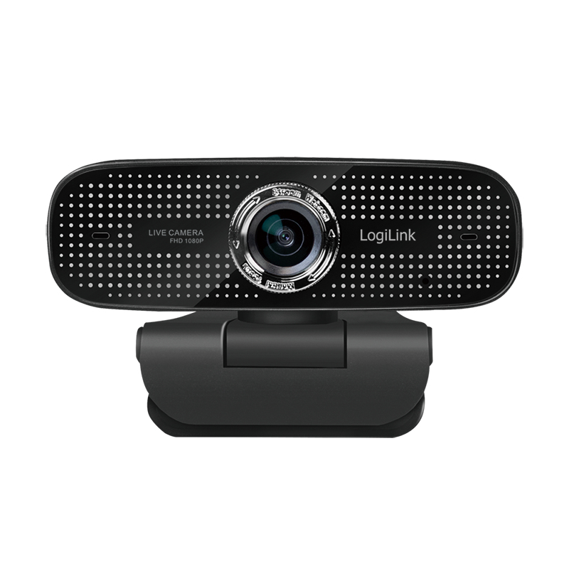 Telecamera live LogiLink nera con microfono integrato su supporto su sfondo bianco.
