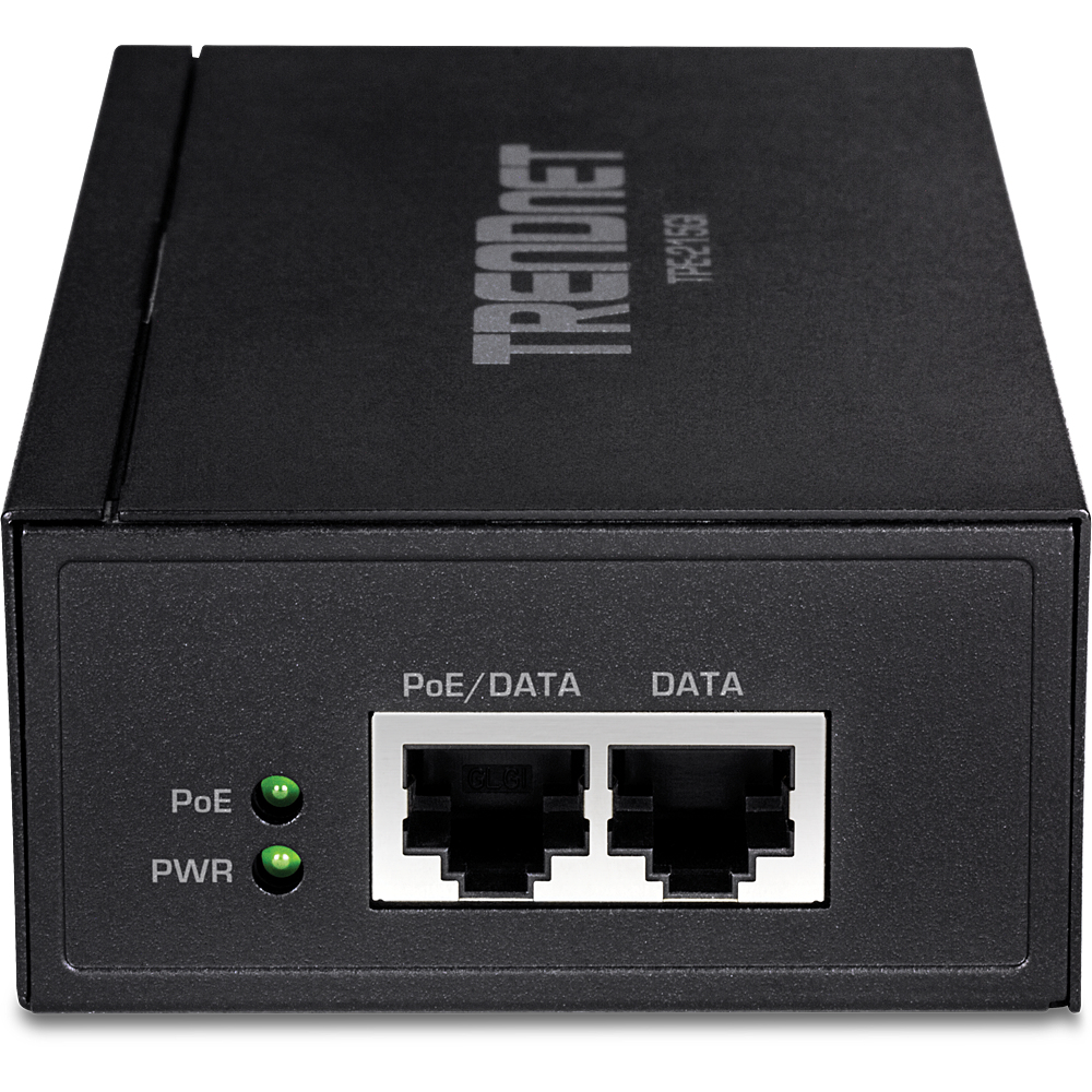Ein schwarzer Trendnet PoE-Injektor mit zwei grünen Statusleuchten und zwei Ethernet-Anschlüssen.