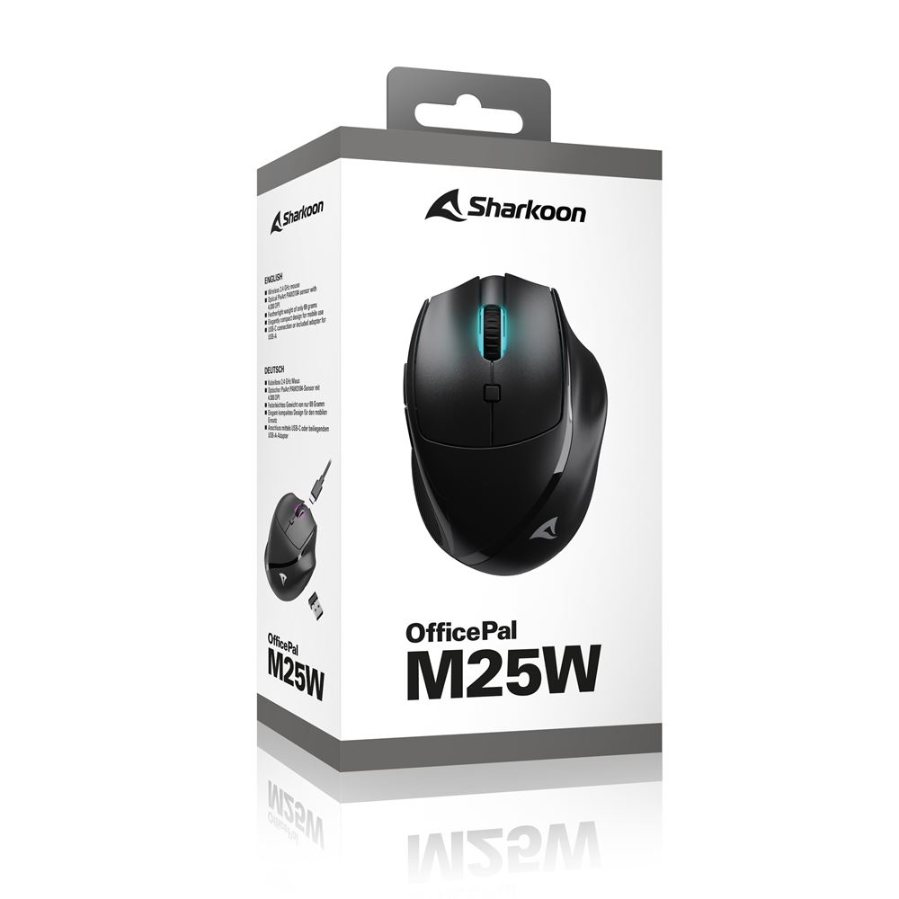 Mouse wireless nero Sharkoon OfficePal M25W nella sua confezione bianca e grigia.