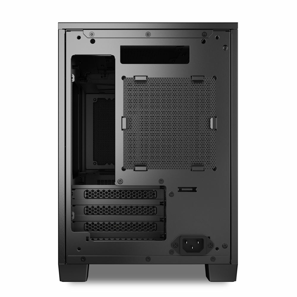 Il retro di un case per computer nero con griglie di ventilazione e slot.