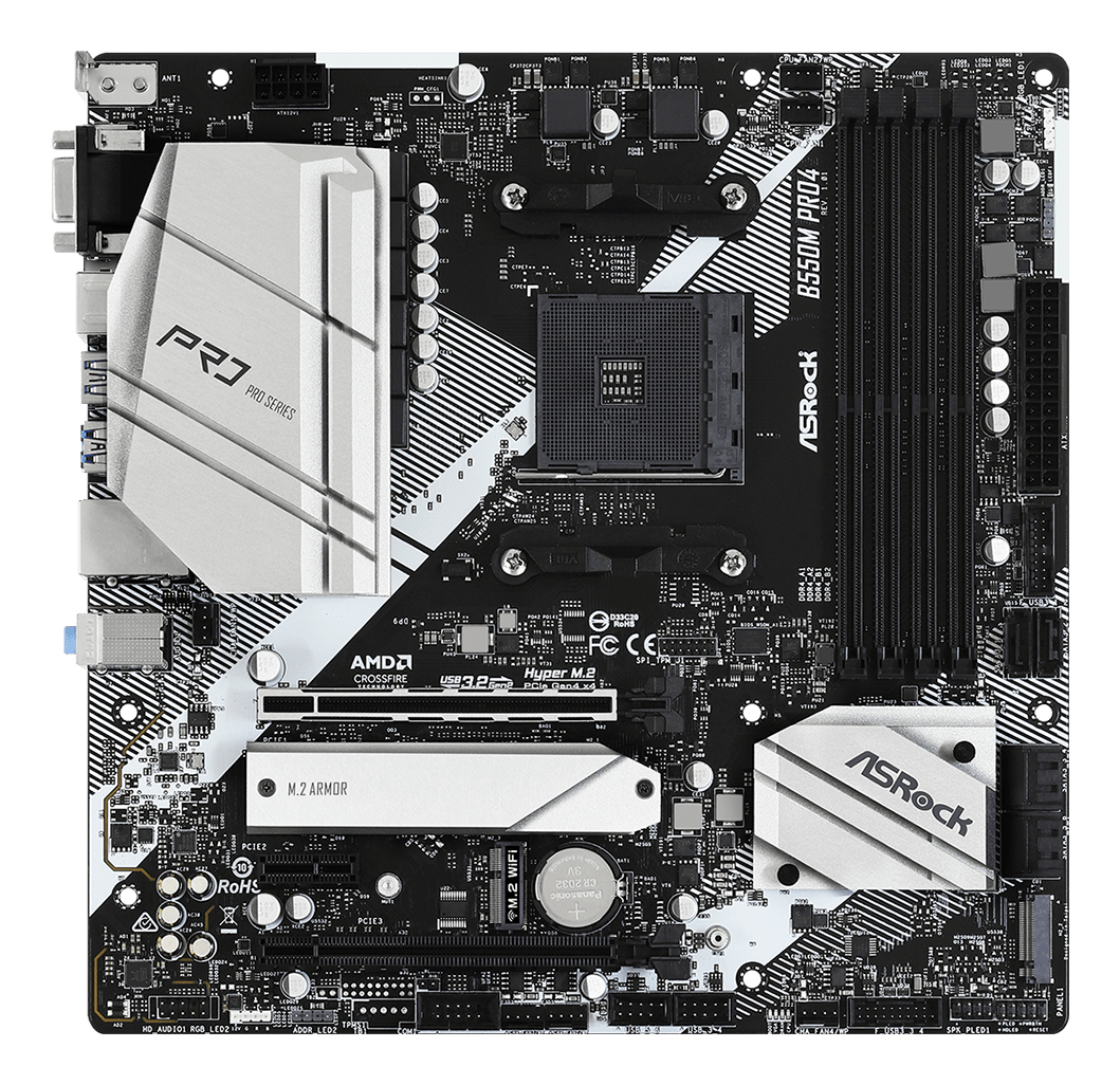 Draufsicht auf ein ASRock B550M Pro4 Mainboard im Schwarz-Weiß-Design mit silbernen Kühltürmen.