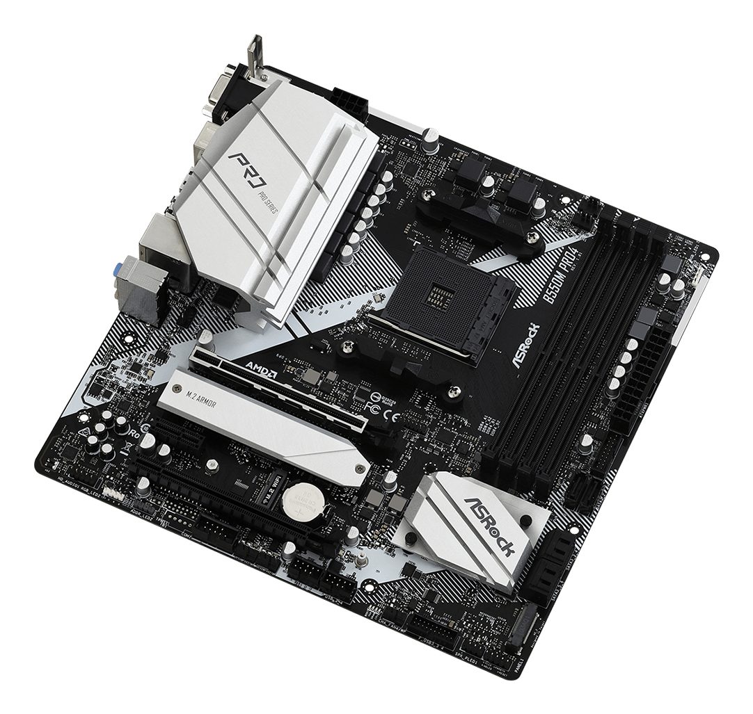 Ein schwarzes und silbernes Asrock B550M Pro4 Mainboard mit CPU-Sockel und RAM-Steckplätzen.