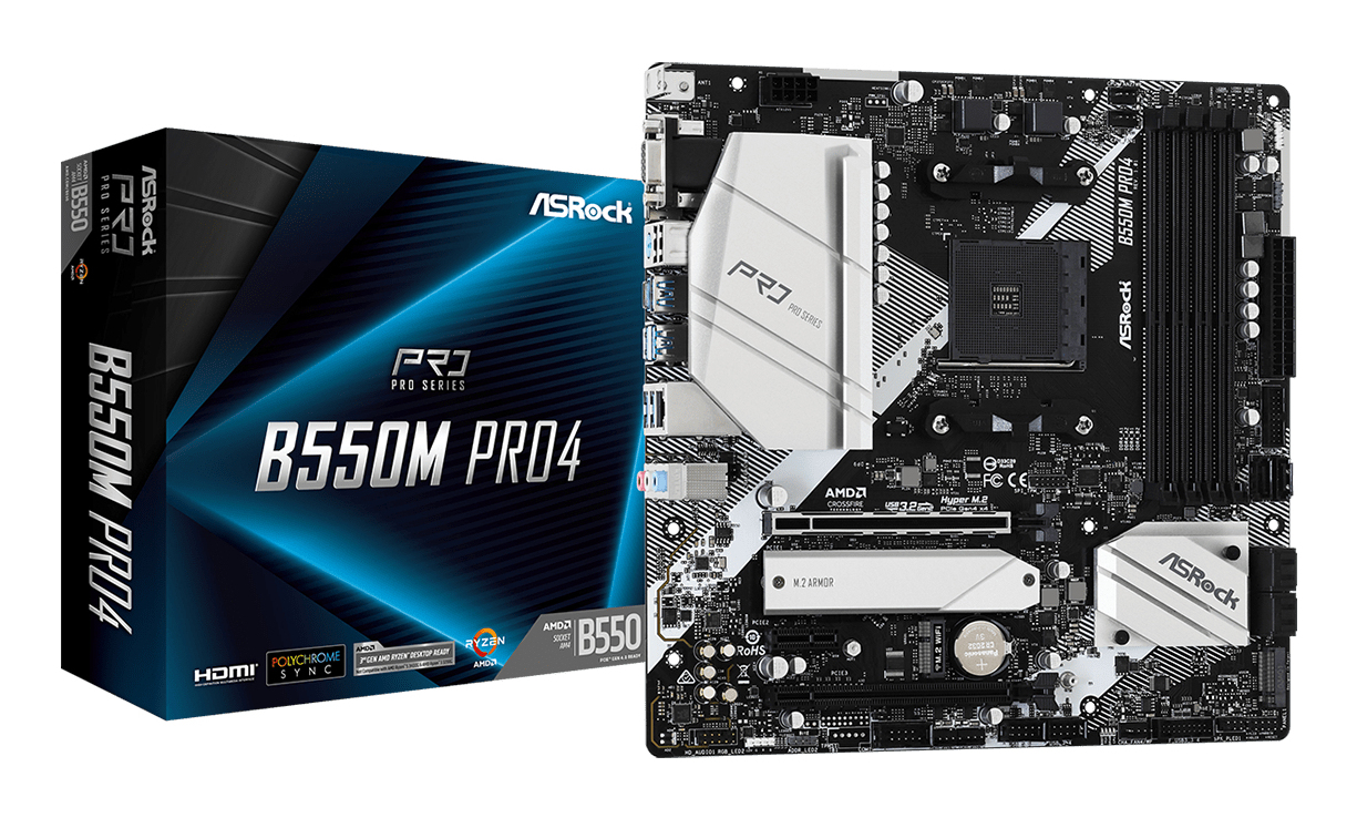 ASRock B550M PRO4 Mainboard mit Originalverpackung auf weißem Hintergrund.