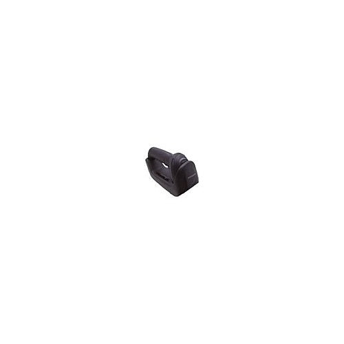 Uno scanner di codici a barre nero su sfondo bianco.