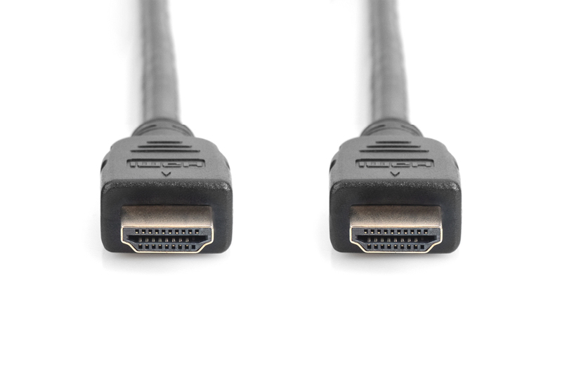 Zwei schwarze HDMI-Kabelstecker liegen nebeneinander vor weißem Hintergrund und zeigen nach vorne.