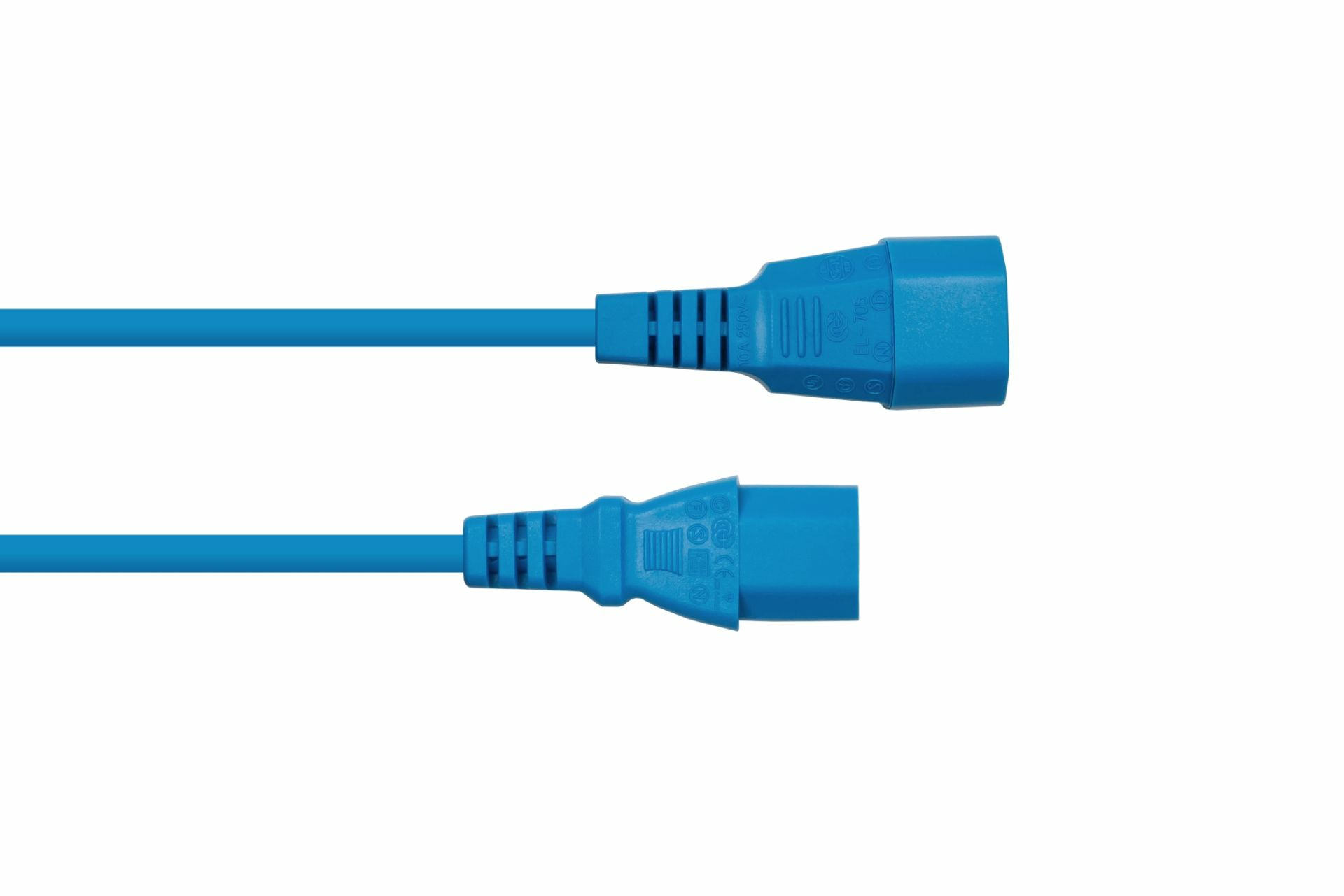 Zwei blaue Stromkabel mit Kaltgeräte-Stecker und -Buchse vor weißem Hintergrund.
