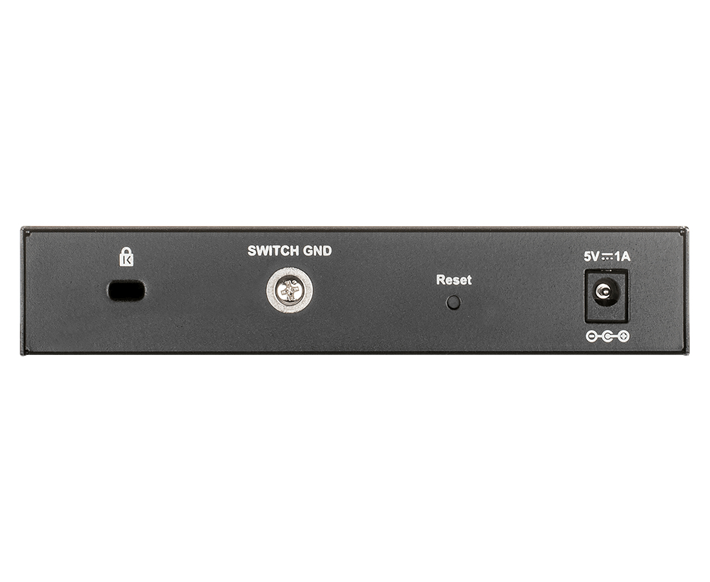 Seitenwand eines schwarzen elektronischen Geräts mit Sicherheitsschlitz, Erdungsschraube, Reset-Taste und 5V-Stromeingang.