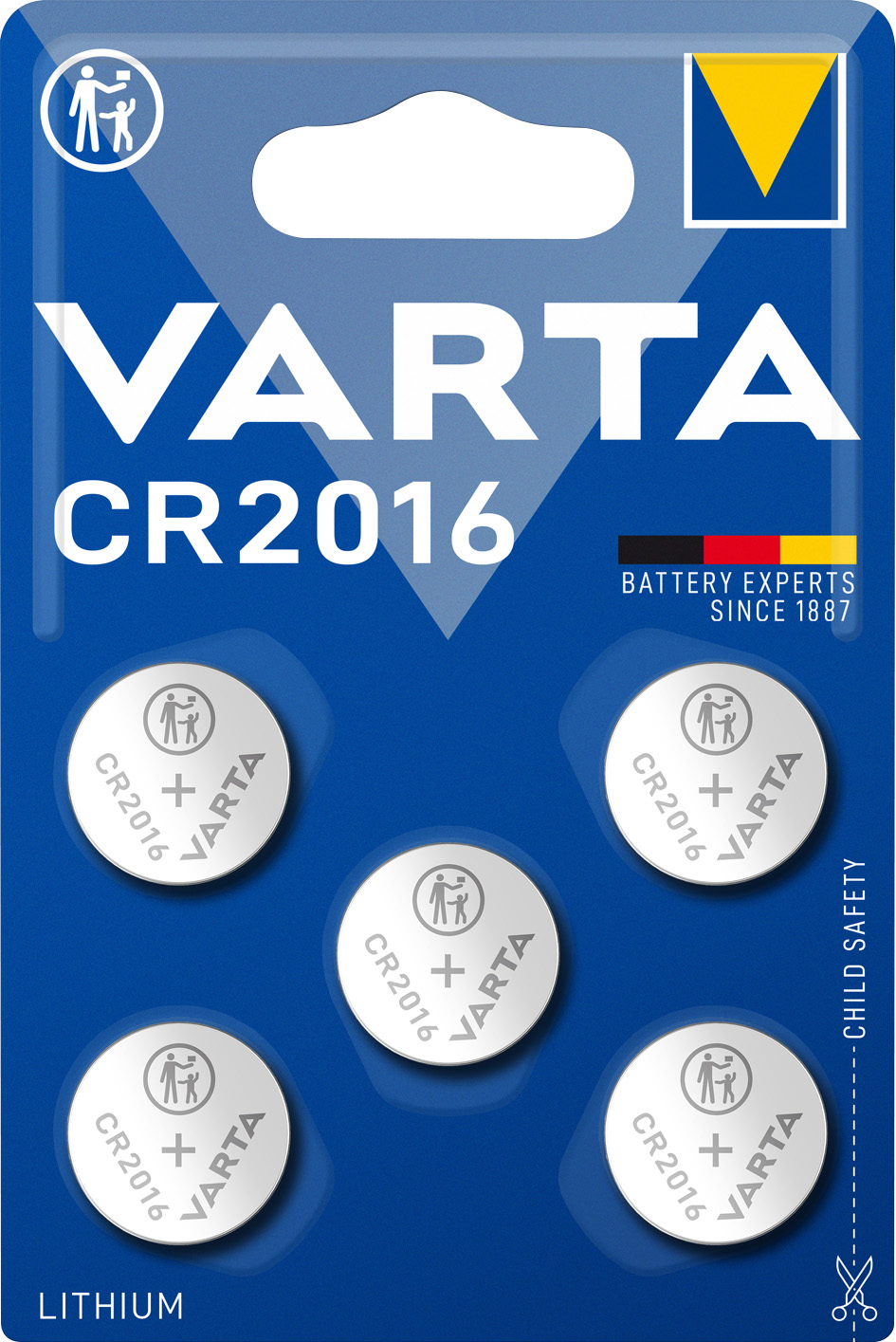 Varta CR2016 lithium coin cell batteries in blue blister pack with child safety icons.