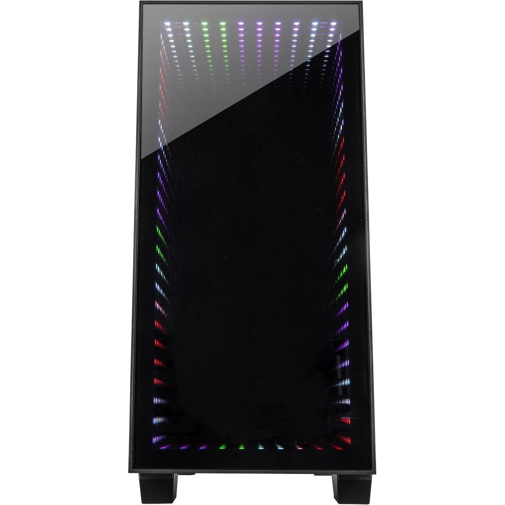 Un case per PC nero con specchio infinito sul pannello frontale e LED colorati.