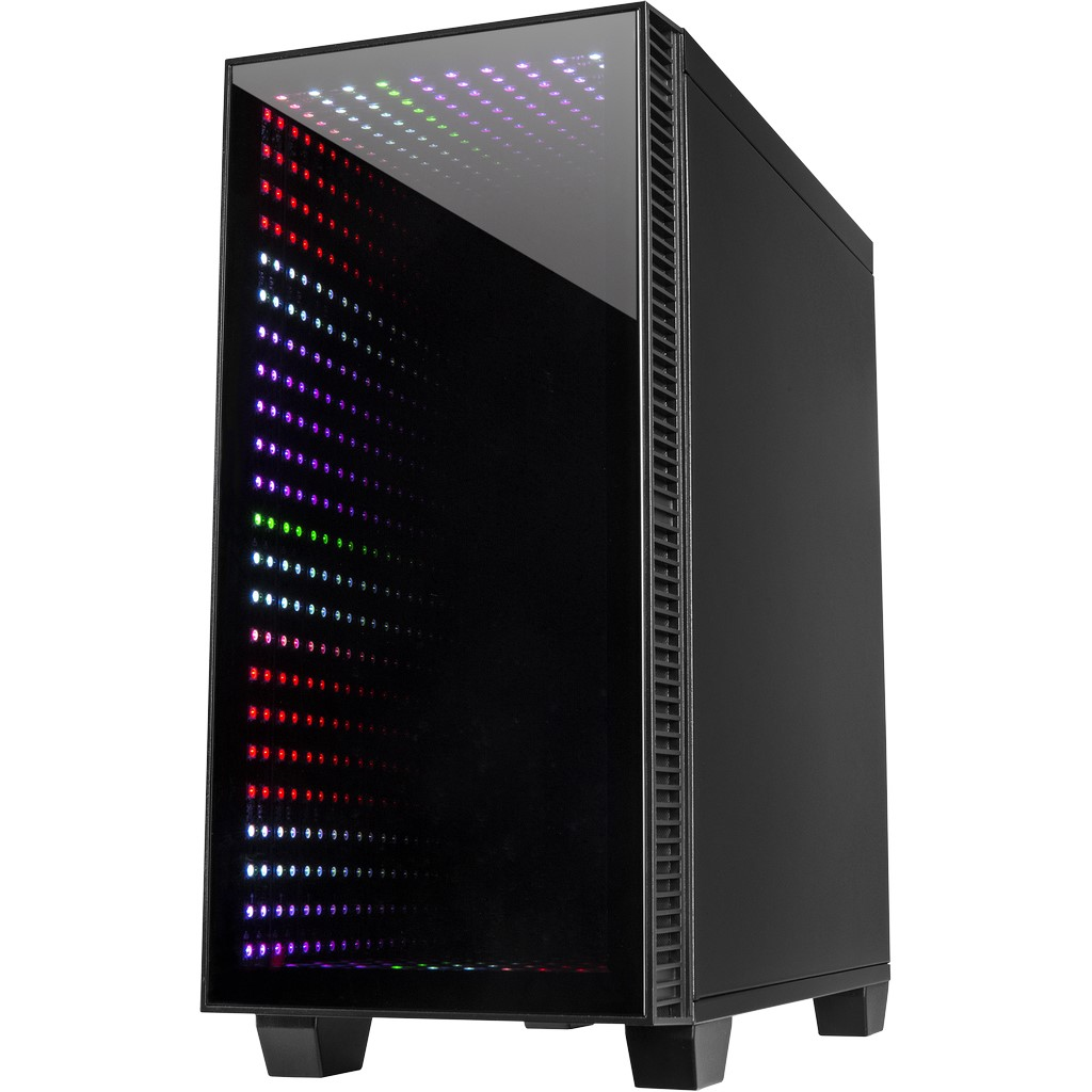 Case per PC nero con pannello frontale a specchio infinito illuminato da LED colorati.