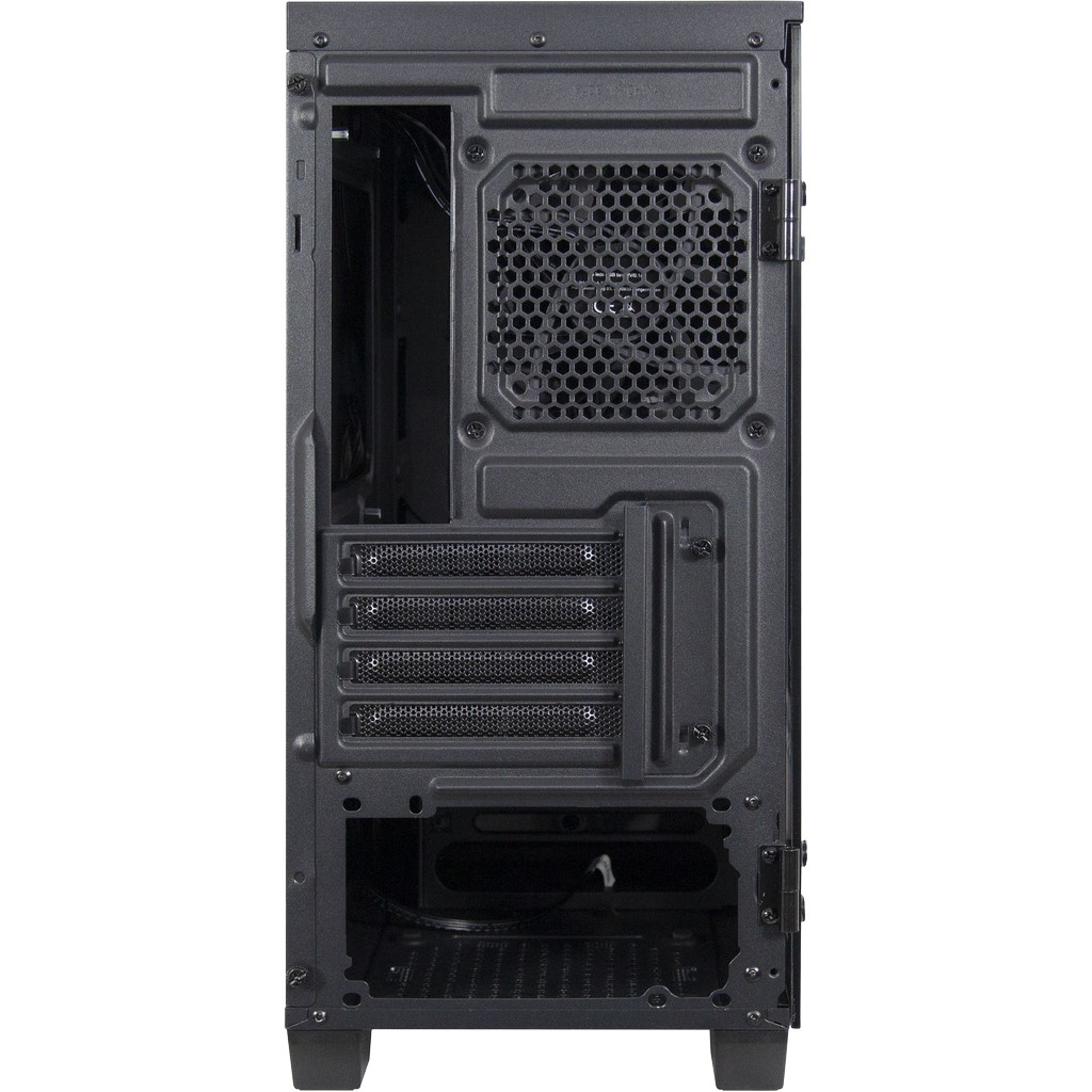 Vista posteriore di un case per PC nero con griglia ventola, slot di espansione e vano alimentatore.