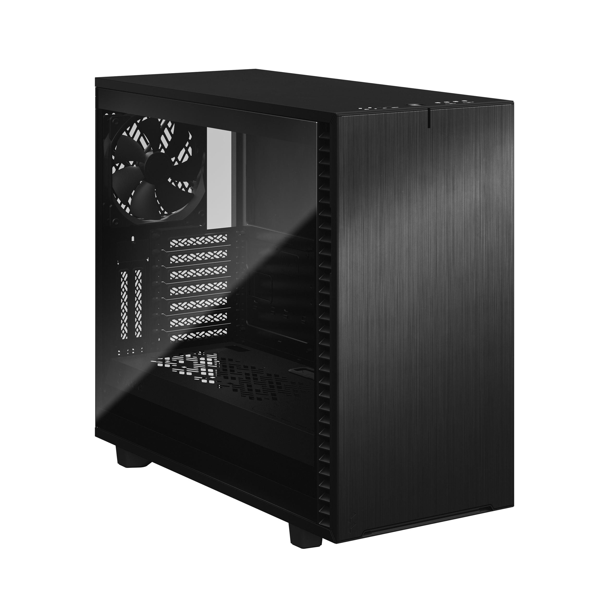 Black computer case with a brushed front panel and clear side window.