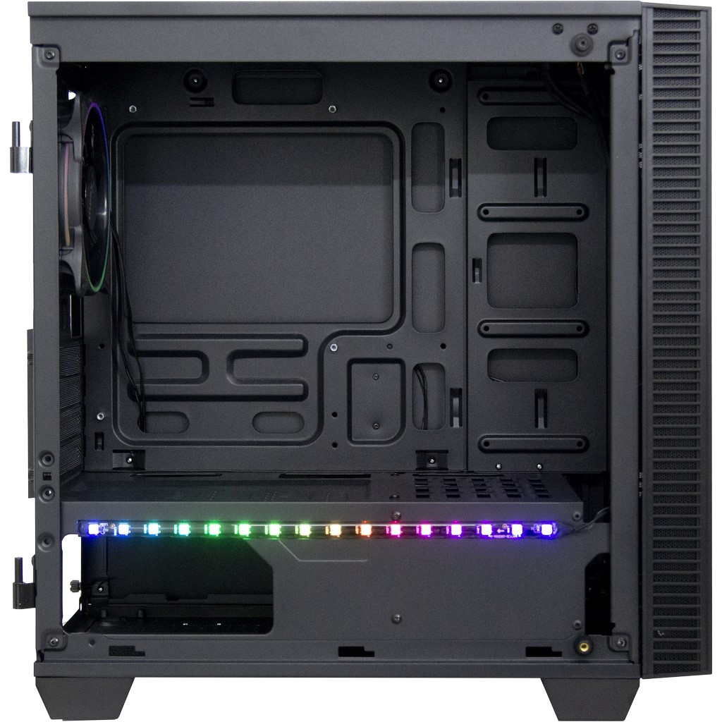 Un case per PC nero vuoto con una striscia LED RGB in basso e una ventola illuminata sul retro.
