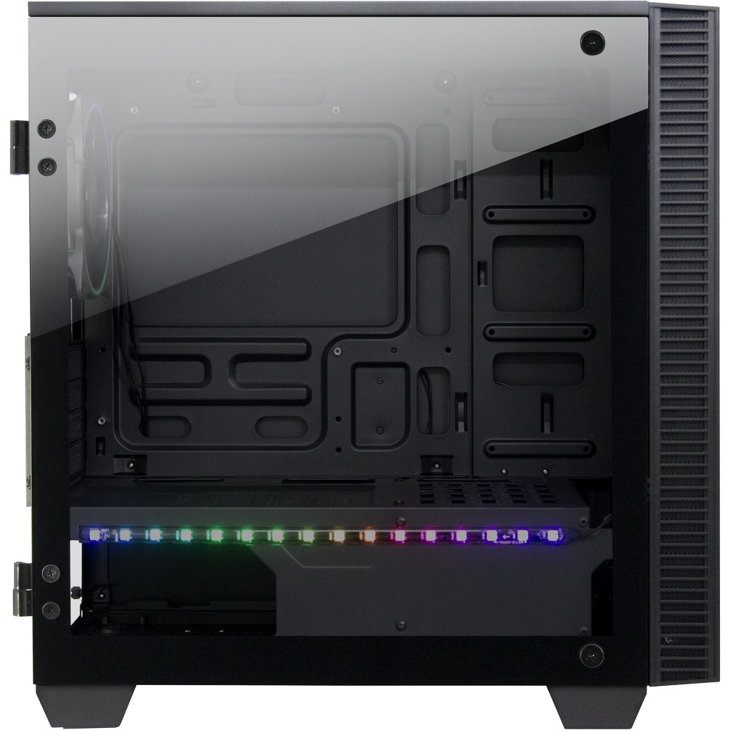Un case per computer nero con un pannello laterale in vetro e una striscia LED colorata sul fondo.