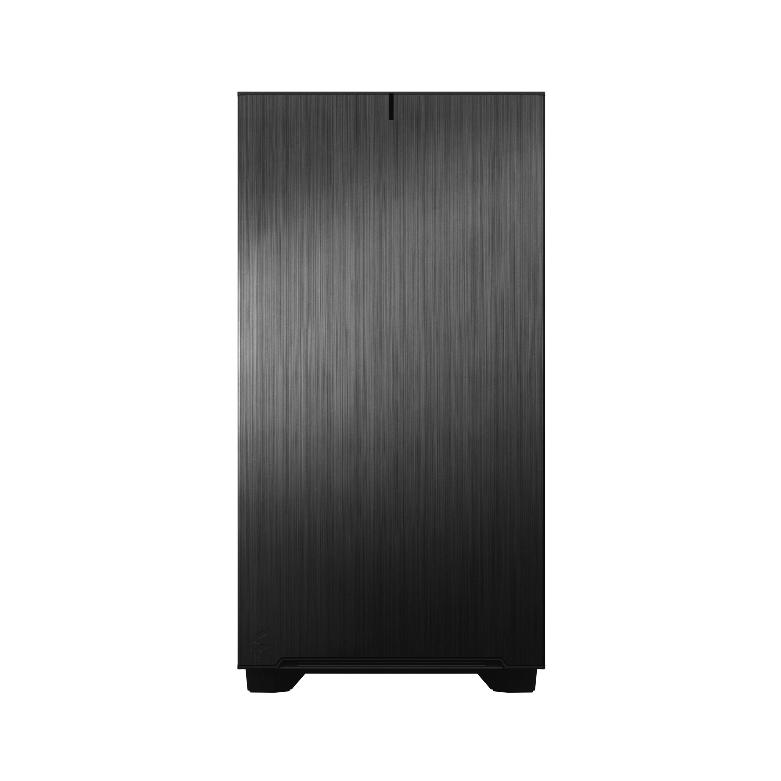 Front view of a black computer case with a brushed metal texture against a white background.