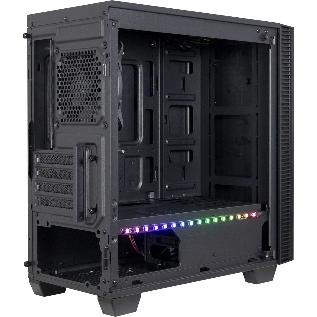 Un case per PC nero vuoto con illuminazione RGB integrata nella parte inferiore su uno sfondo bianco.