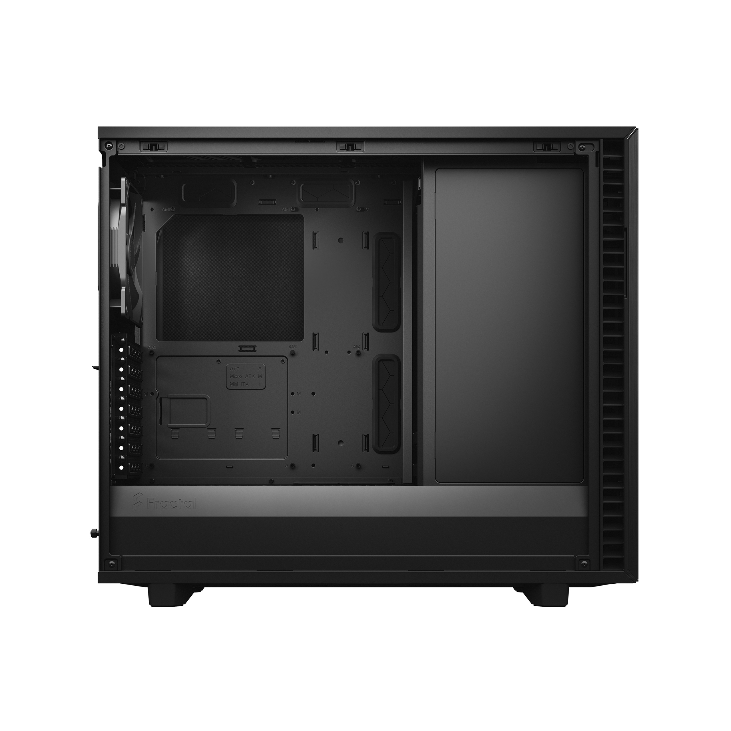 An empty black computer case interior viewed from the side, showing motherboard mounts and ventilation fans.