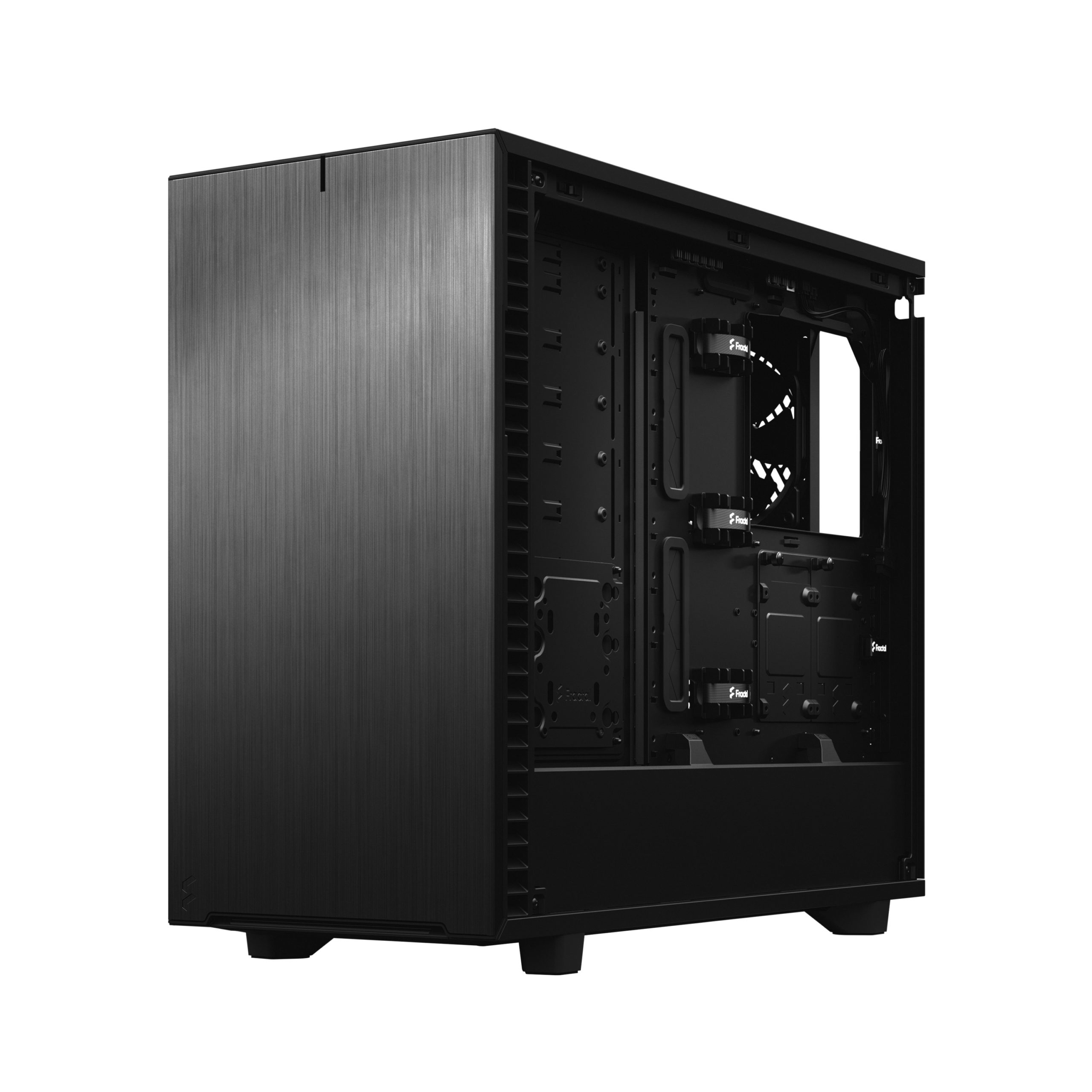 A black PC case with a brushed metal front and an open interior on a white background.