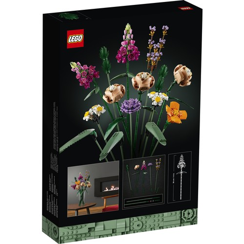 Siyah arka planda renkli lego cicekleri gosteren cicek buketi seti kutusu.