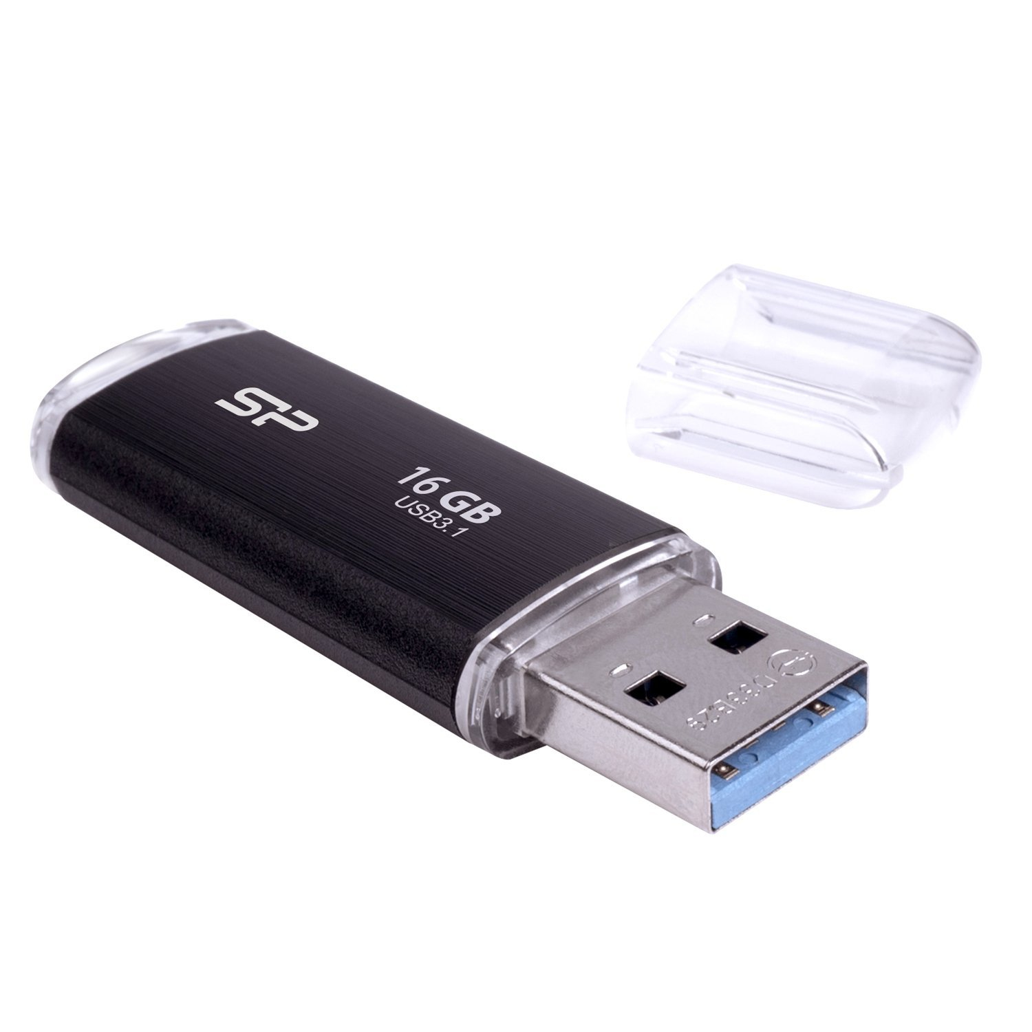 A black 16GB USB 3.1 flash drive with its transparent cap removed, isolated on a white background.