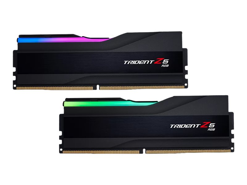 Zwei schwarze Trident Z5 RGB RAM-Sticks mit RGB-Beleuchtung und goldenen Pins vor weißem Hintergrund.