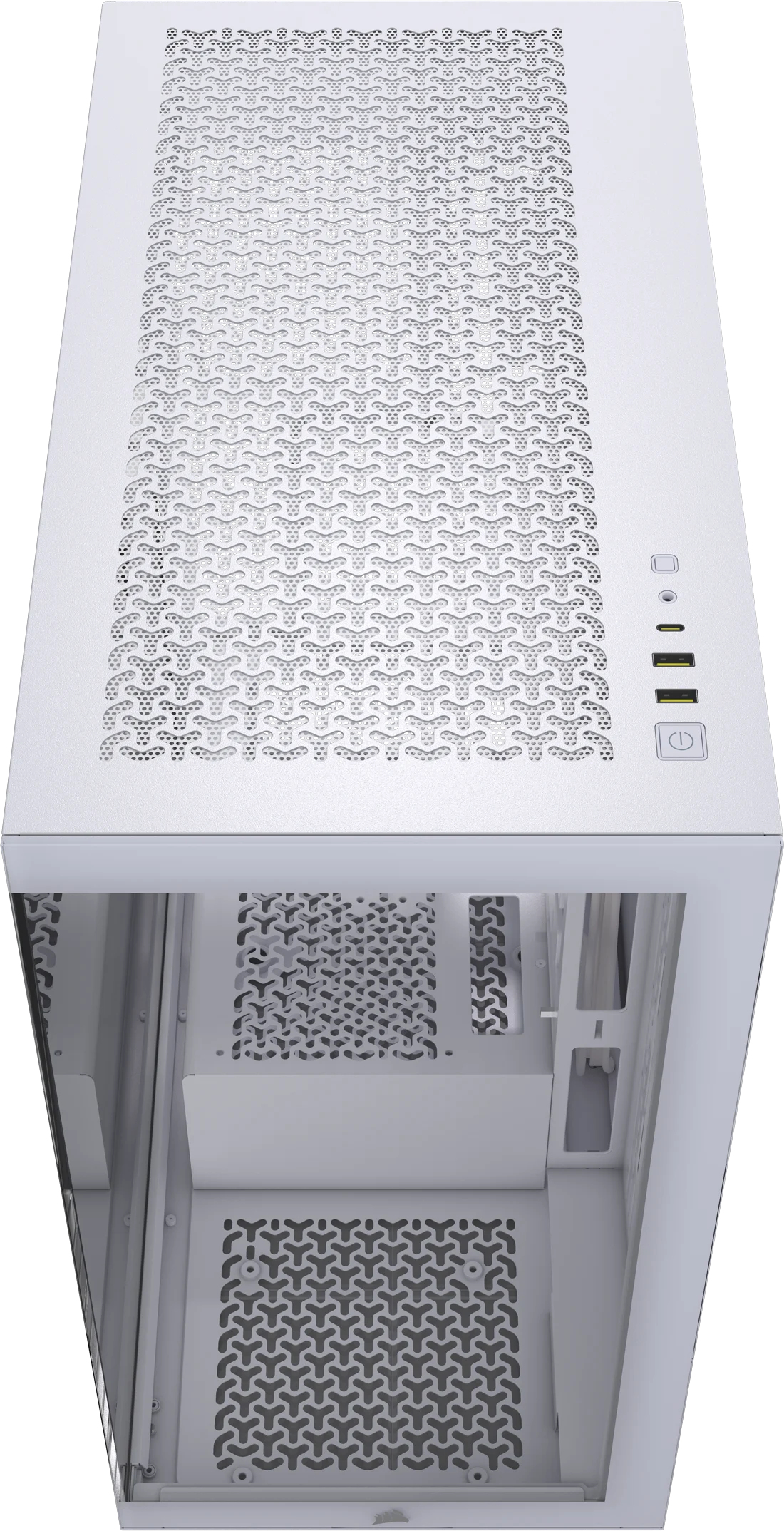 Weißes PC-Gehäuse von oben mit Perforation und Anschlüssen.