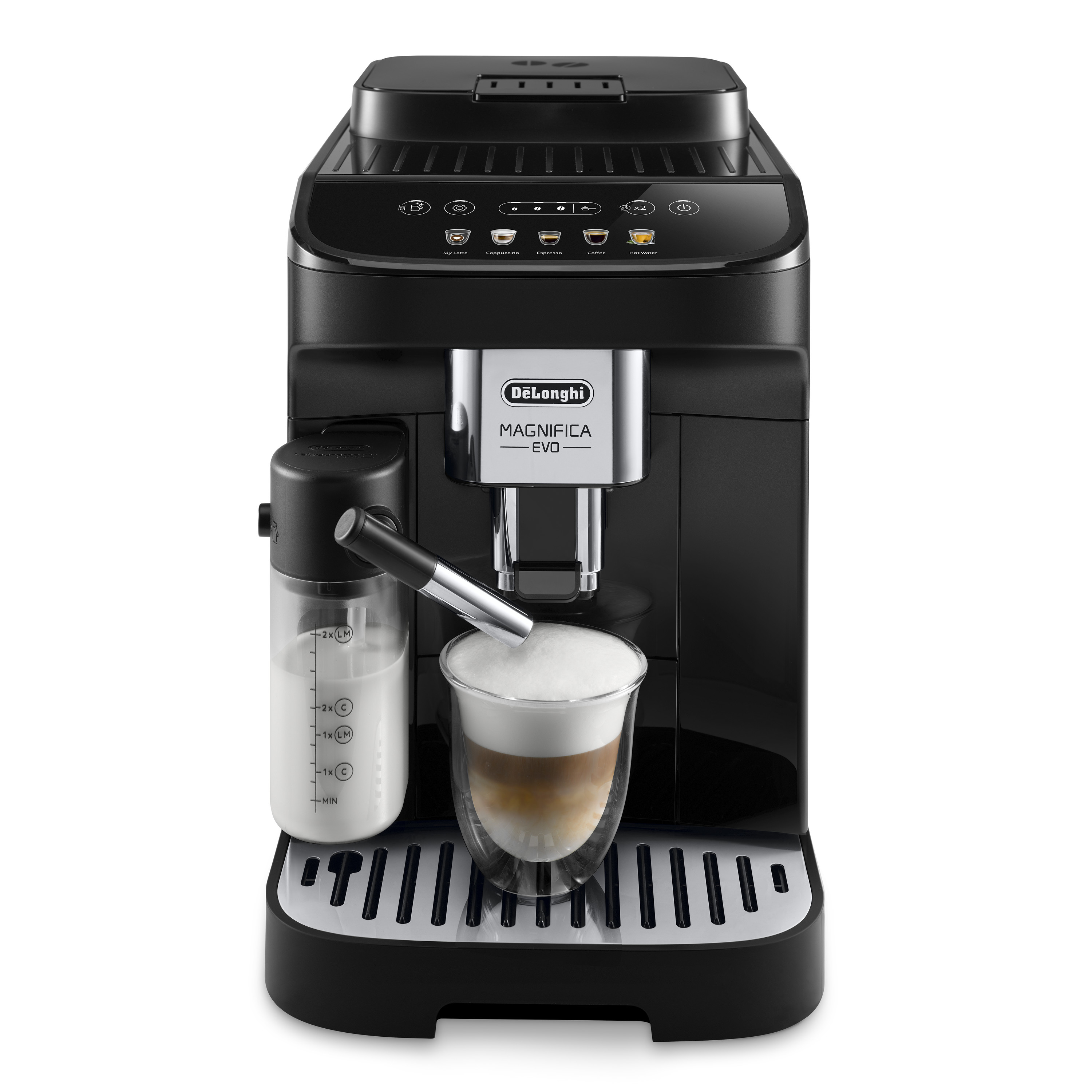Black De'Longhi Magnifica Evo coffee machine with milk container and glass of latte macchiato.