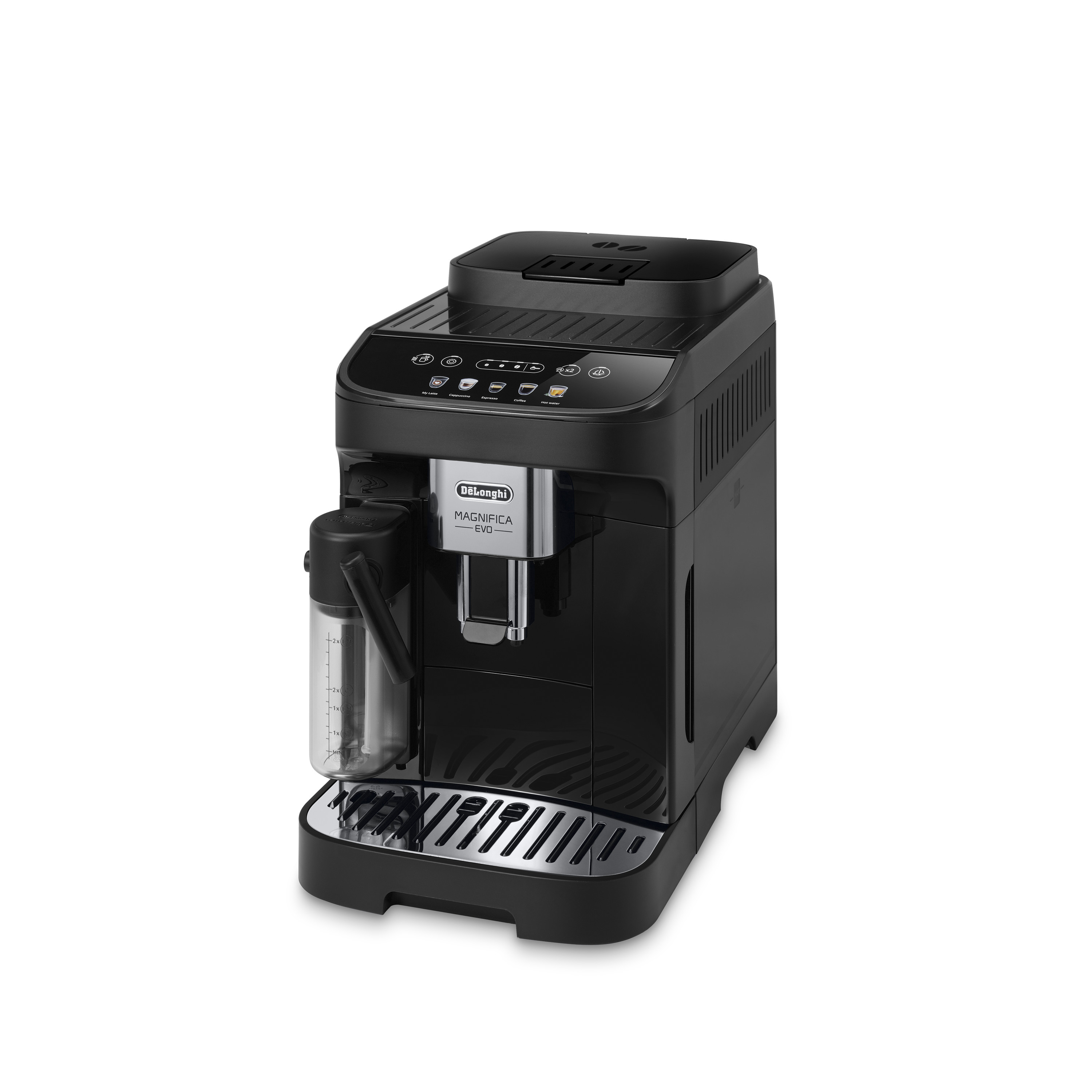 Black De'Longhi Magnifica Evo fully automatic coffee machine with milk container on white background.