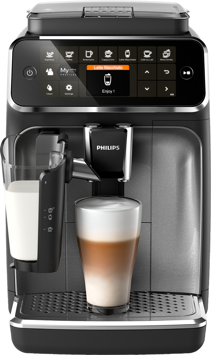 Una cafetera Philips negra con pantalla táctil vierte un latte macchiato en un vaso.