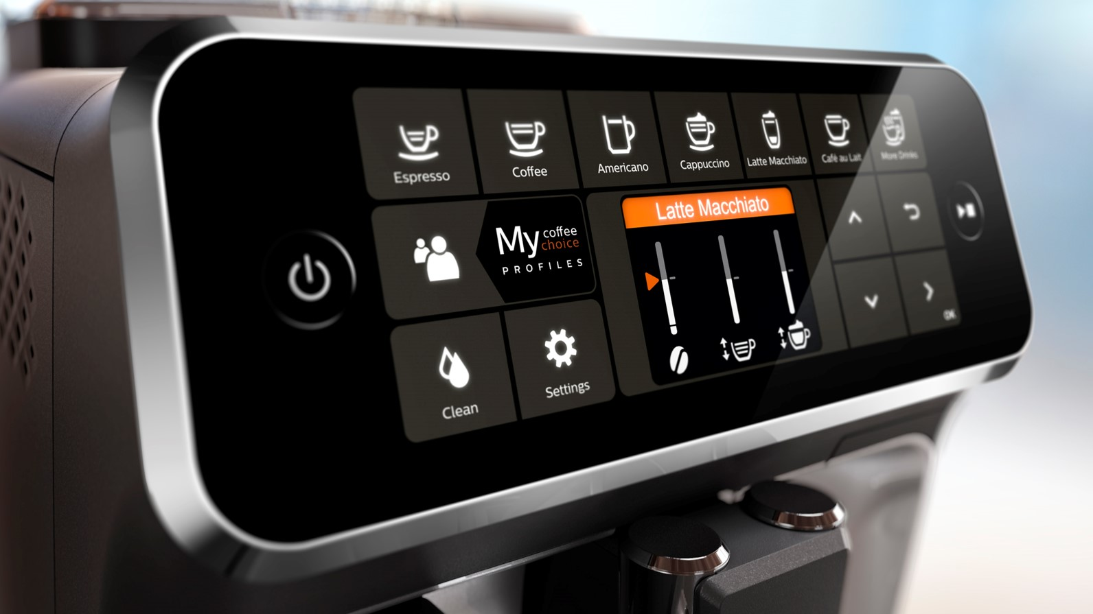 Cafetera moderna con pantalla táctil para seleccionar varias especialidades de café.