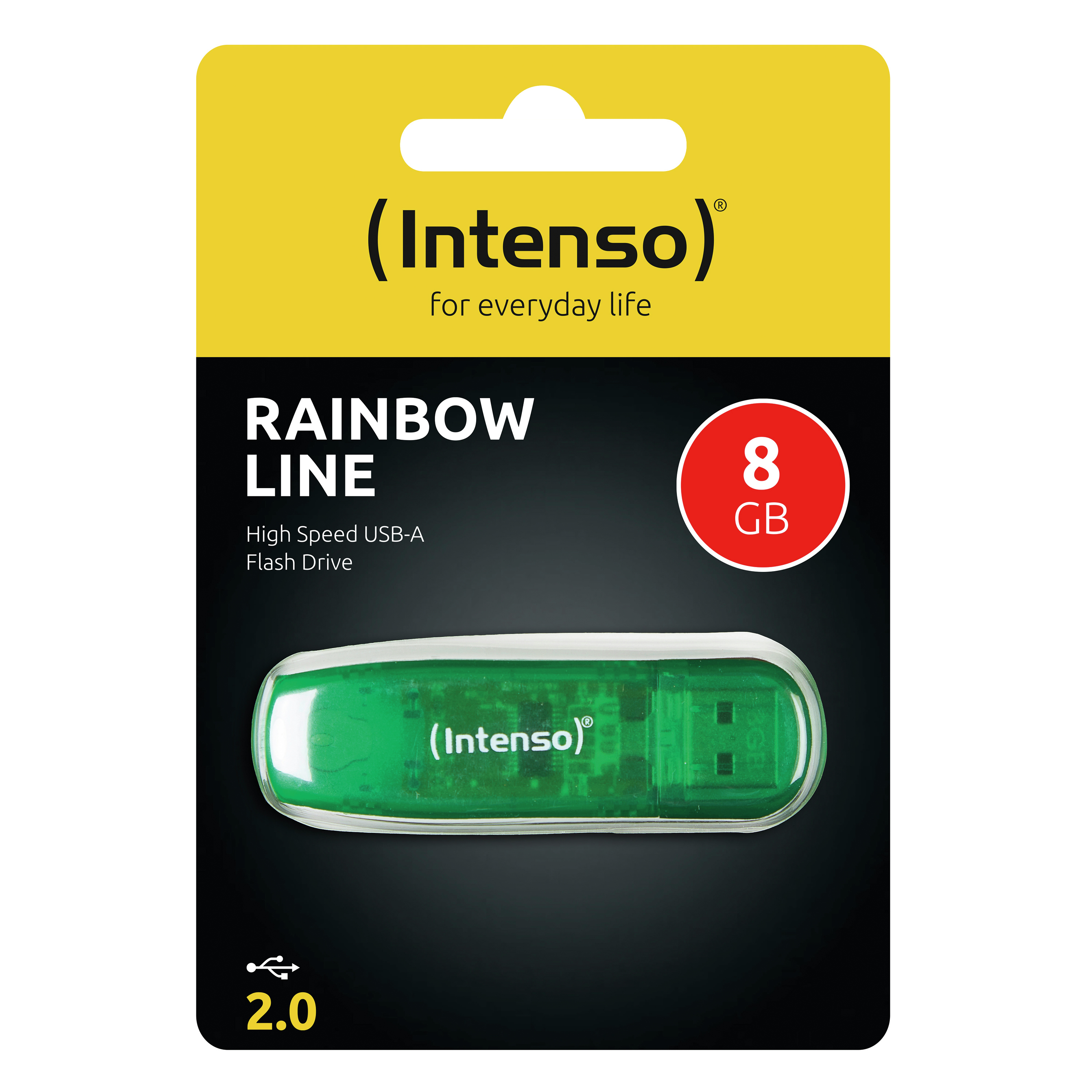 Pamięć USB Intenso Rainbow Line 8 GB w zielonym opakowaniu.
