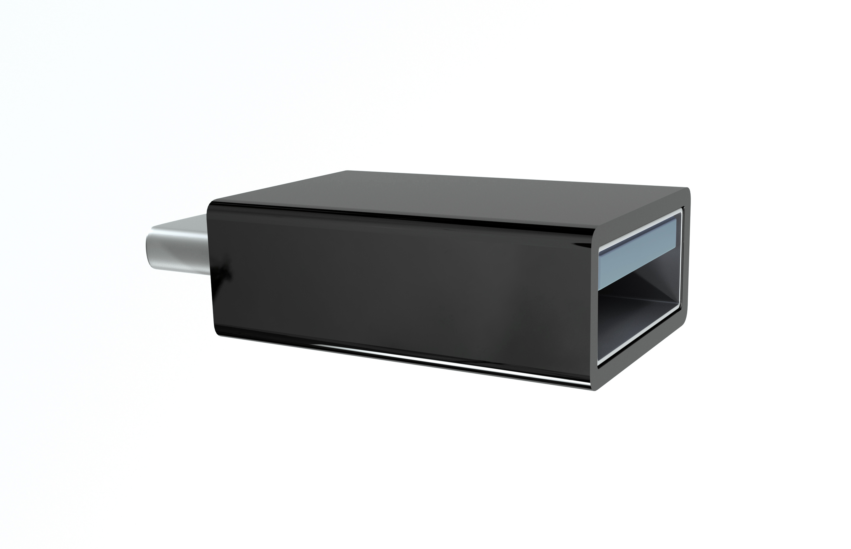 Czarny adapter USB-C na USB-A na gładkim białym tle.