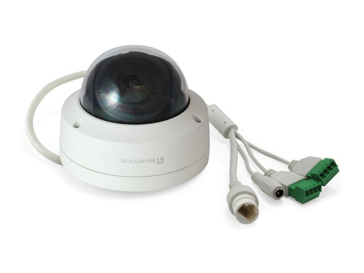 Telecamera di sicurezza a cupola bianca con cavi collegati e connettori verdi su fondo bianco.