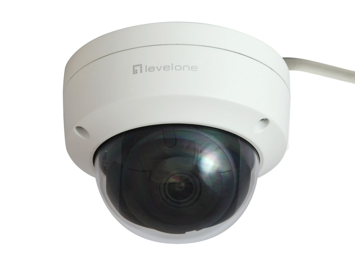 Una telecamera di sicurezza a cupola LevelOne bianca su sfondo bianco.
