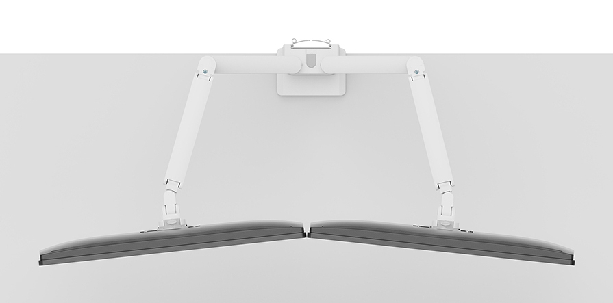 Top-down view of two monitors on a white dual-arm mount against a light background.