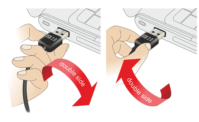 Illustration shows a hand twisting a USB 2.0 connector in two directions.