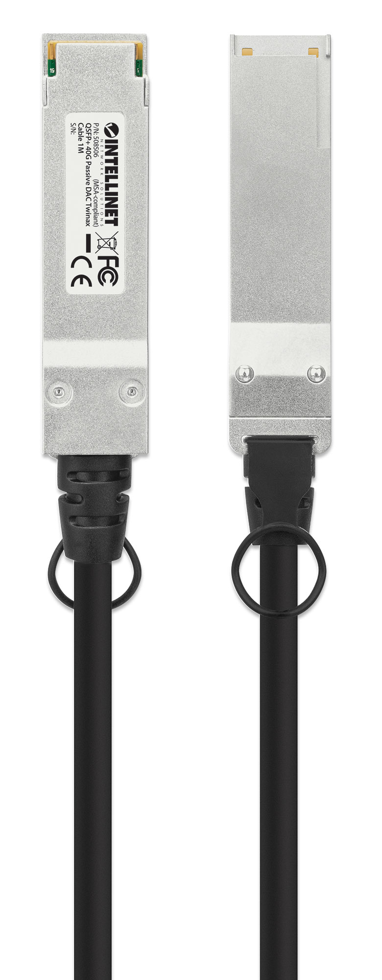 Dos vistas de un cable twinax DAC pasivo Intellinet QSFP+ 40G con conector metálico y cable negro.