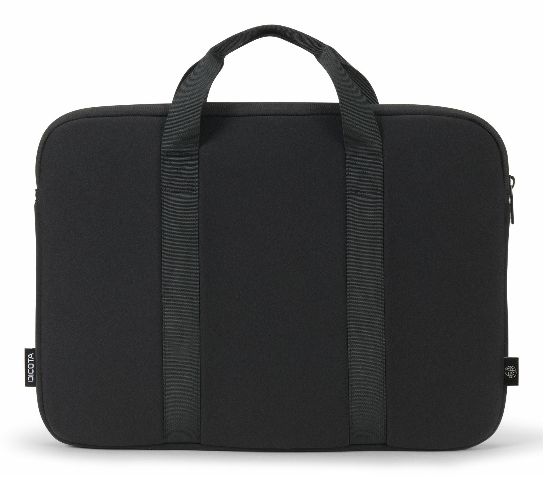 A black laptop sleeve with carrying handles against a white background.
